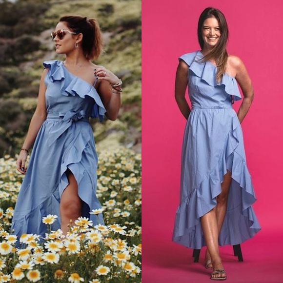 NWT SANDRO Cotton Poplin Sleeveless One Shoulder Ruffle Trim Faux Wrap‎ Dress L - Picture 1 of 9